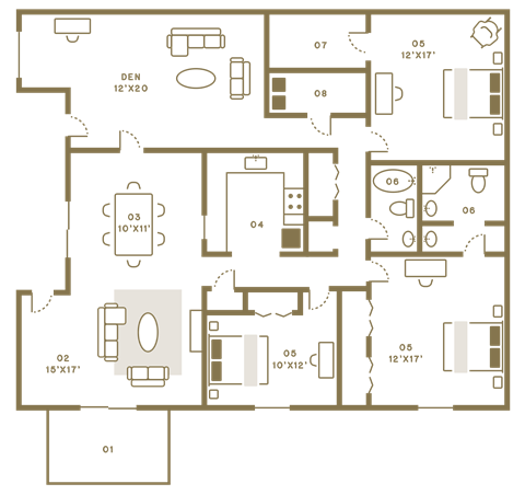 Floor plan for 3 beds, 2 baths, 1900 sqft